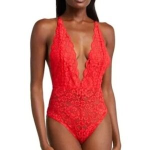 Free People x We are HAH Comin‎ In Haht Lace Bodysuit Siren Red Sz Small NWT